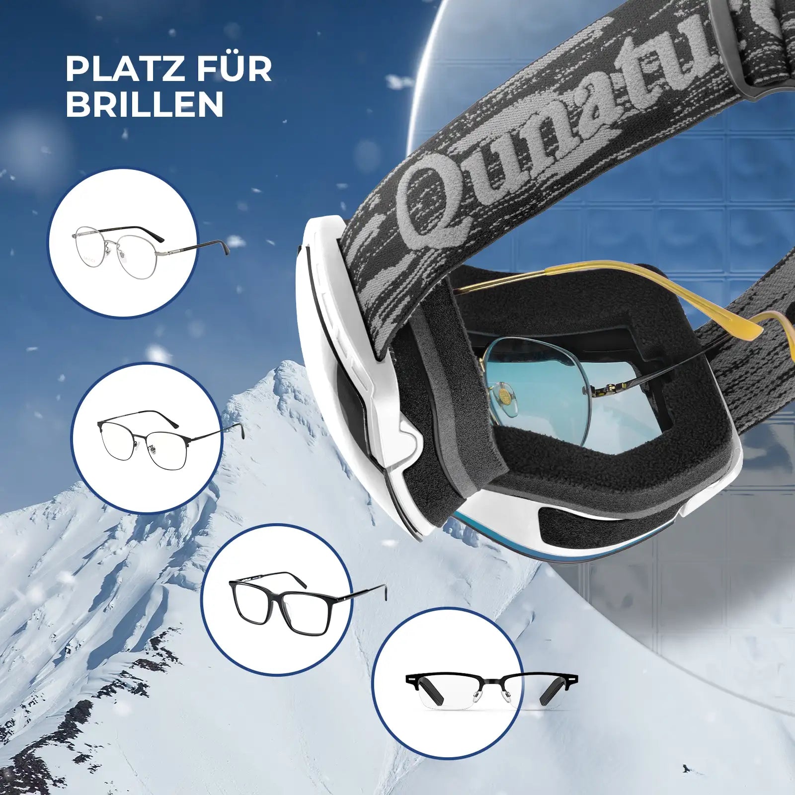 skibrille mit platz für brillen und verschiedenen brillenmodellen