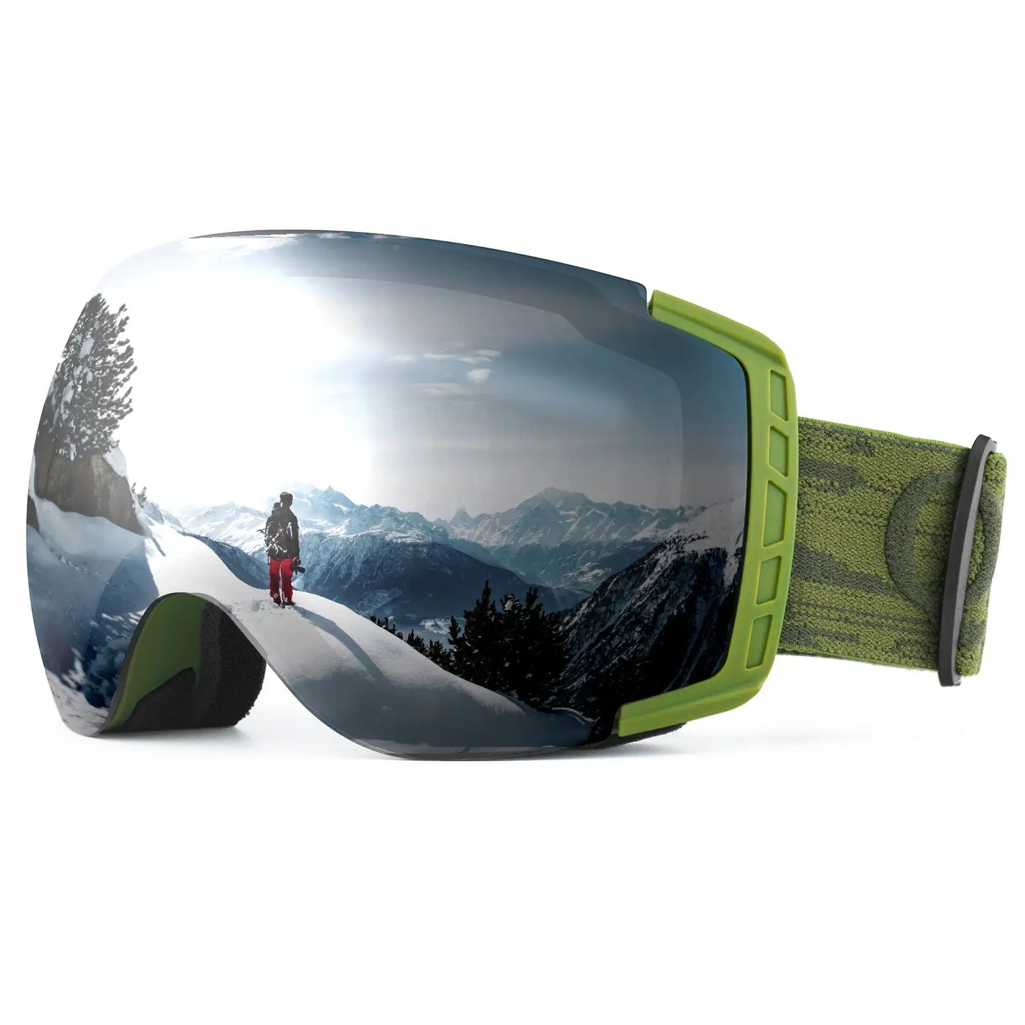 skibrille olivgrüner rahmen spiegelung mit bergpanorama