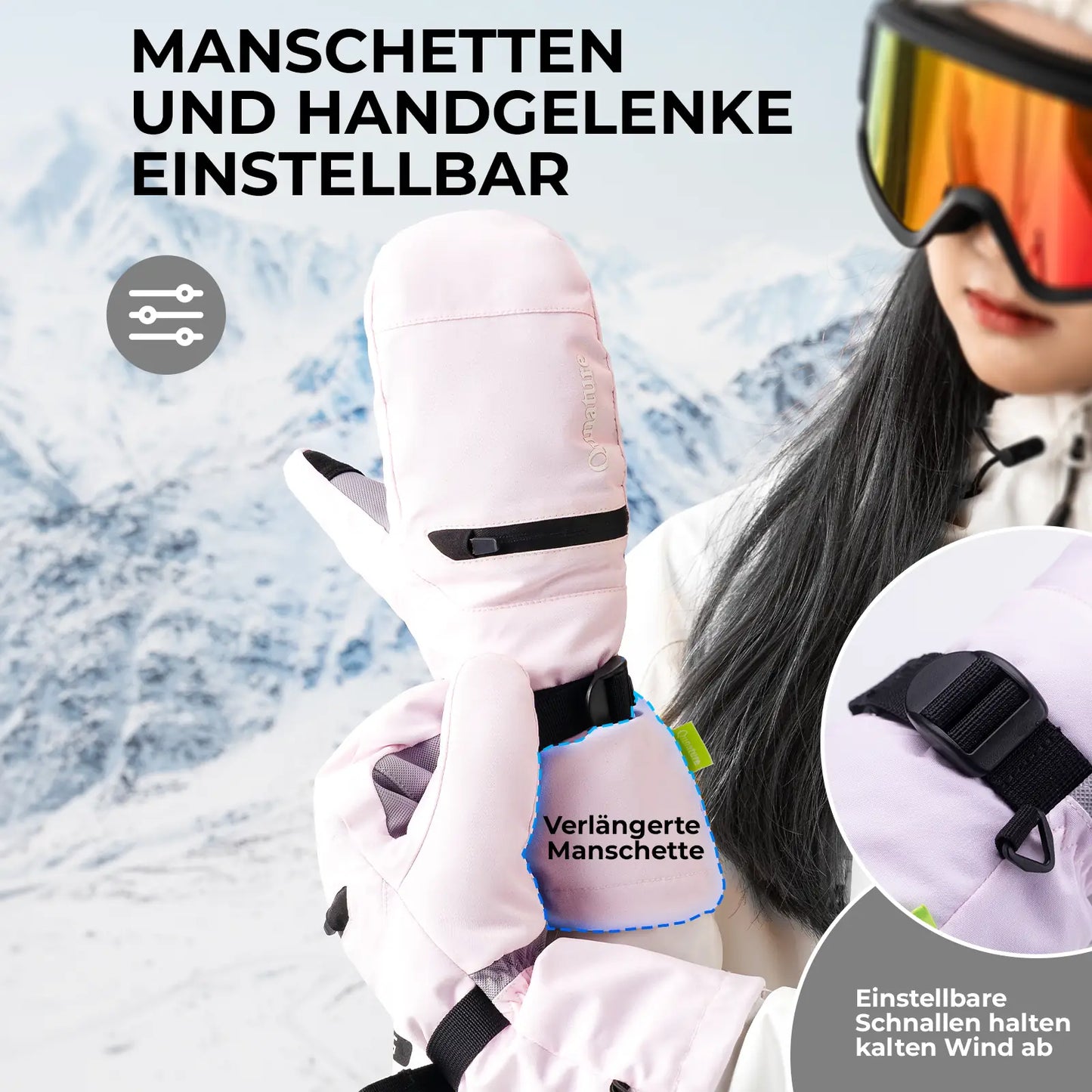 einstellbare manschetten bei rosa skihandschuhen