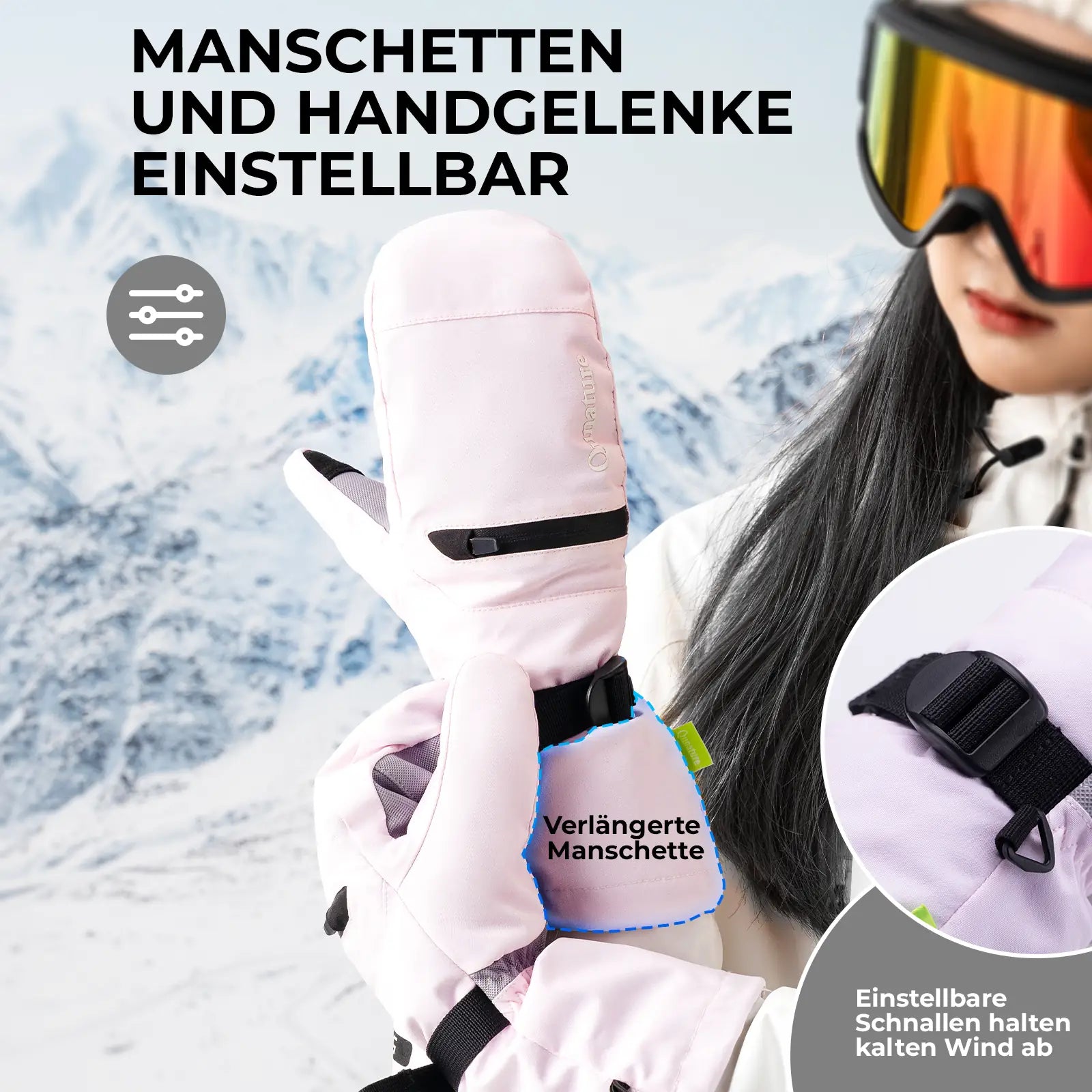 einstellbare manschetten bei rosa skihandschuhen