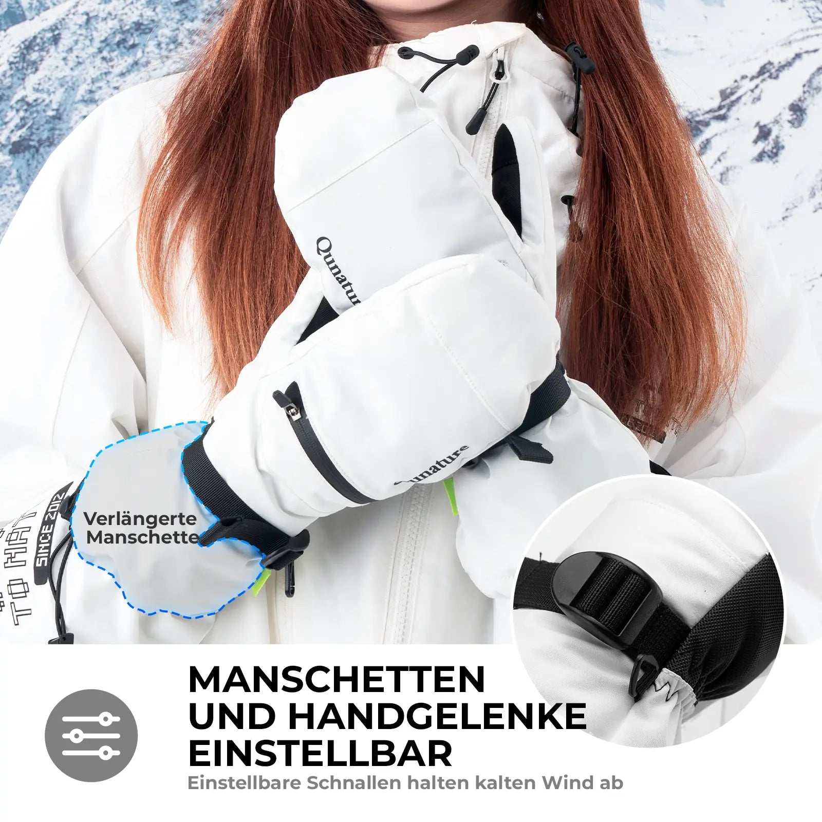einstellbare manschetten bei weissen skihandschuhen
