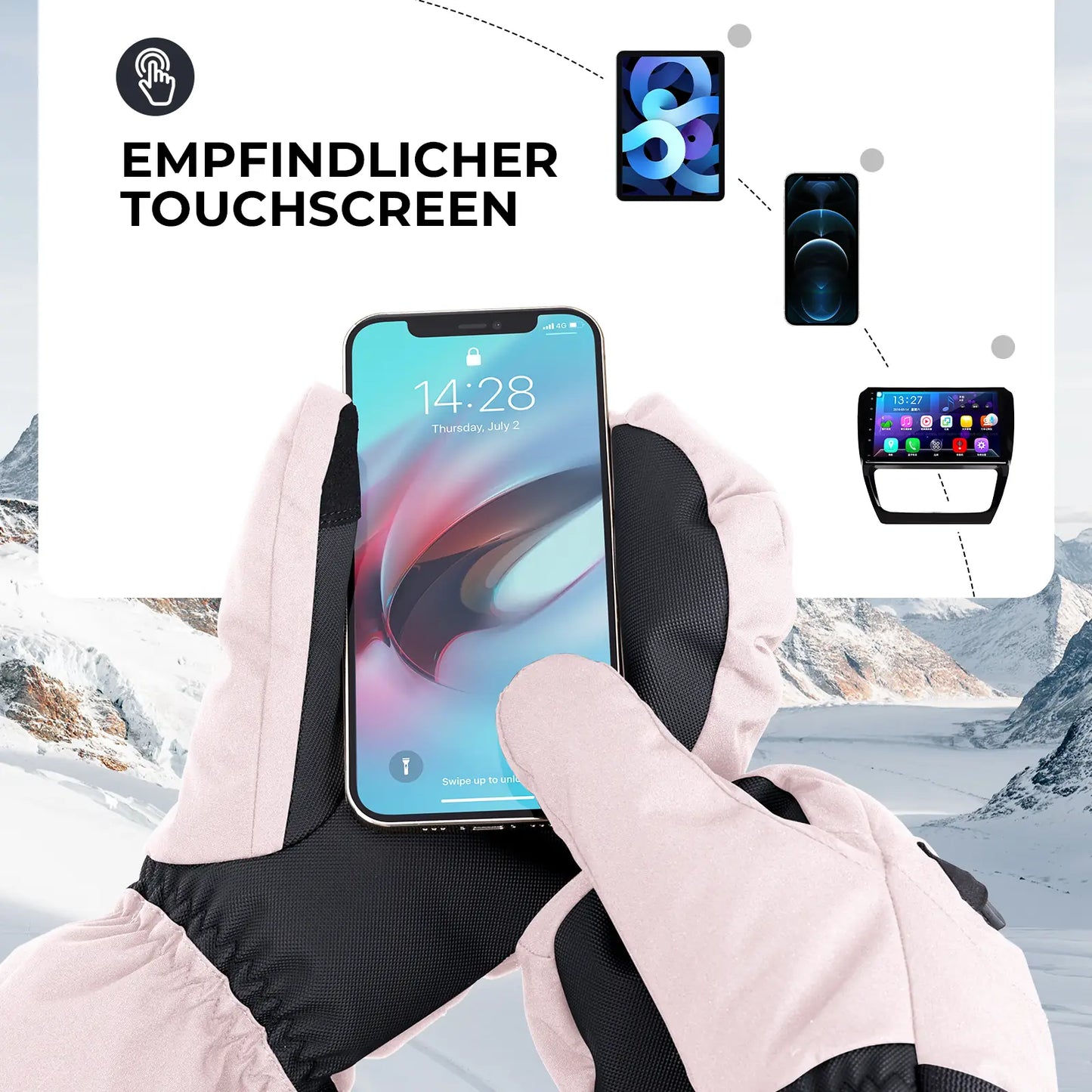 touchscreen-funktion bei rosa skihandschuhen