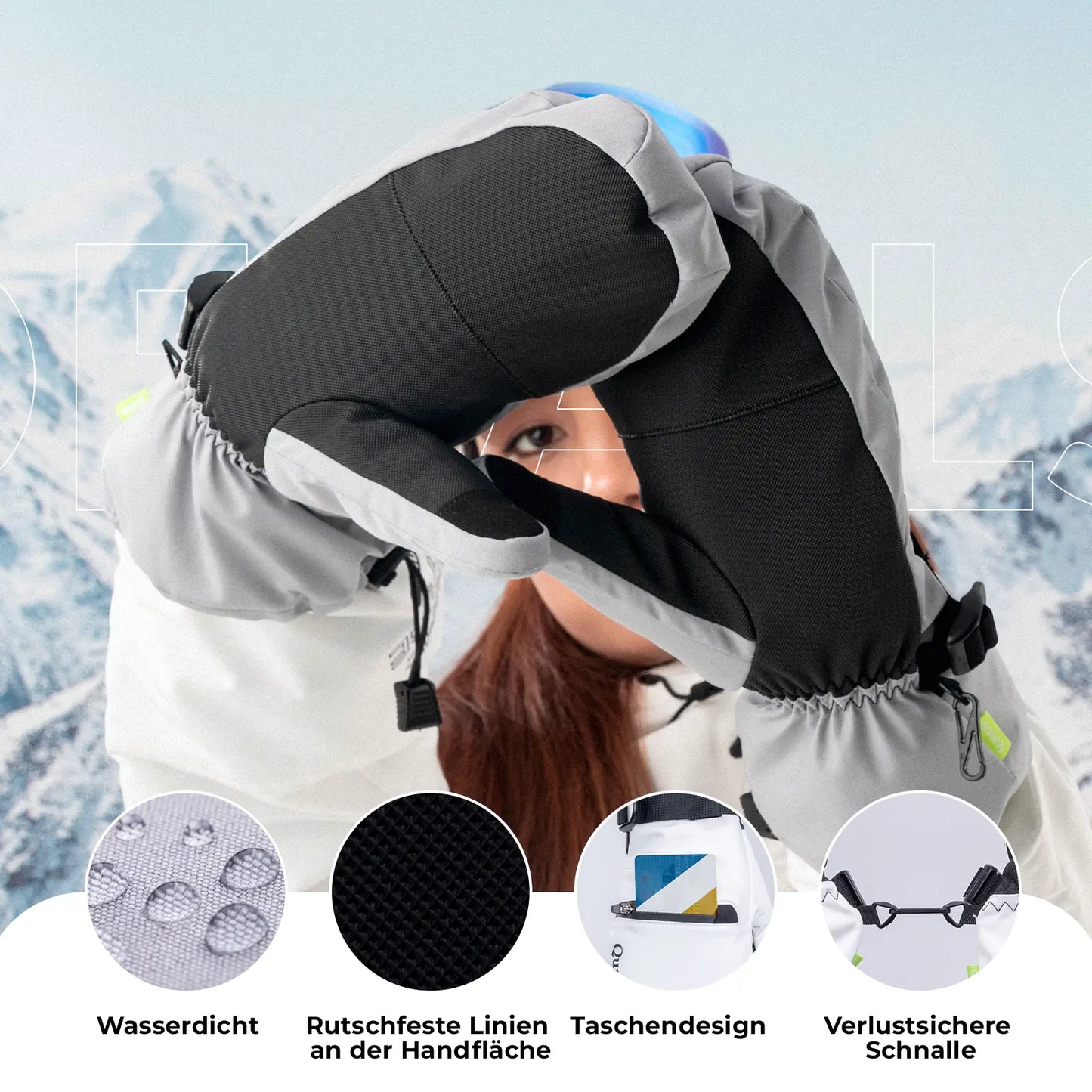funktionsdetails grauer skihandschuhe
