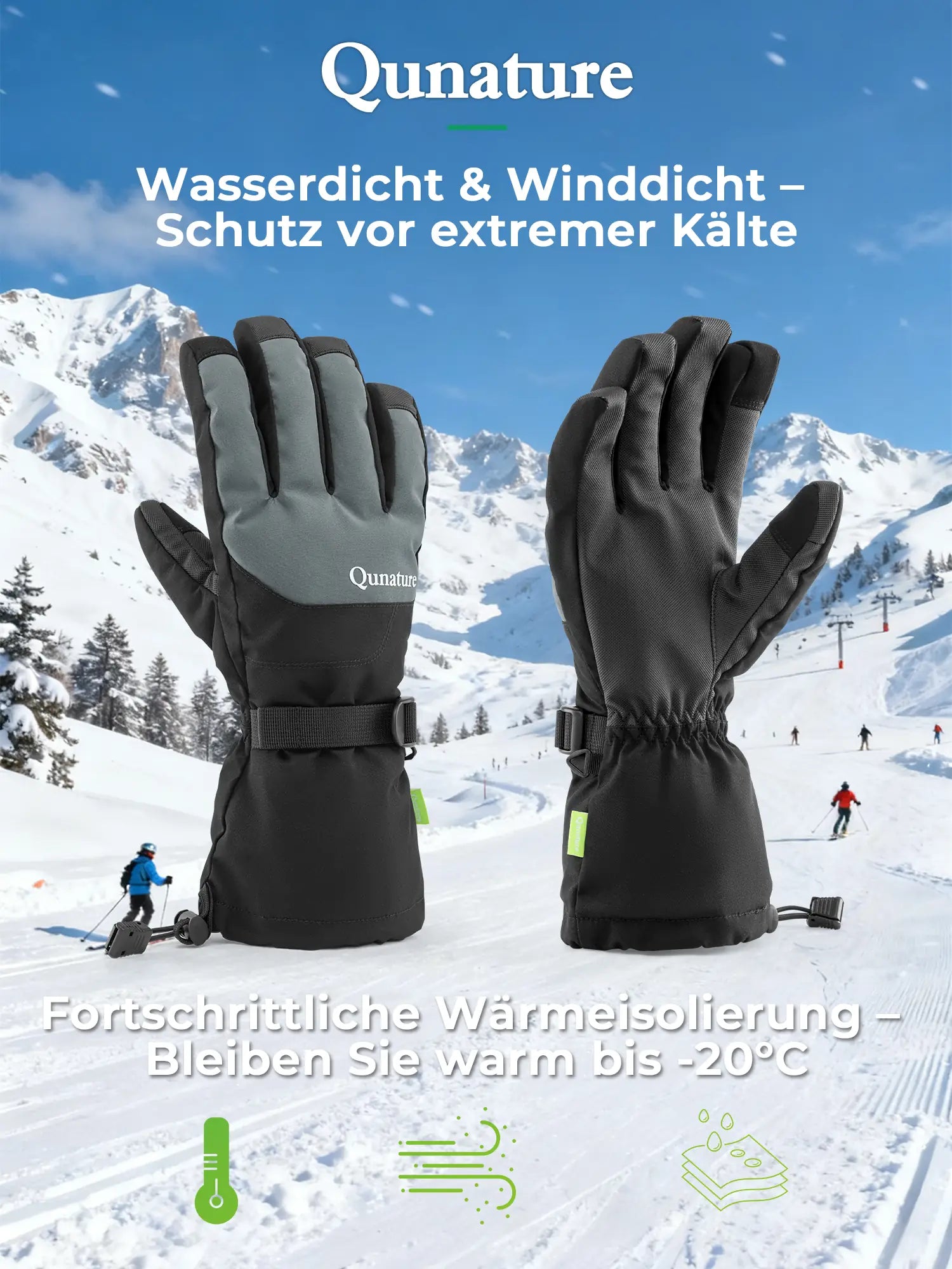 grau-schwarze skihandschuhe im schnee mit wetterschutz