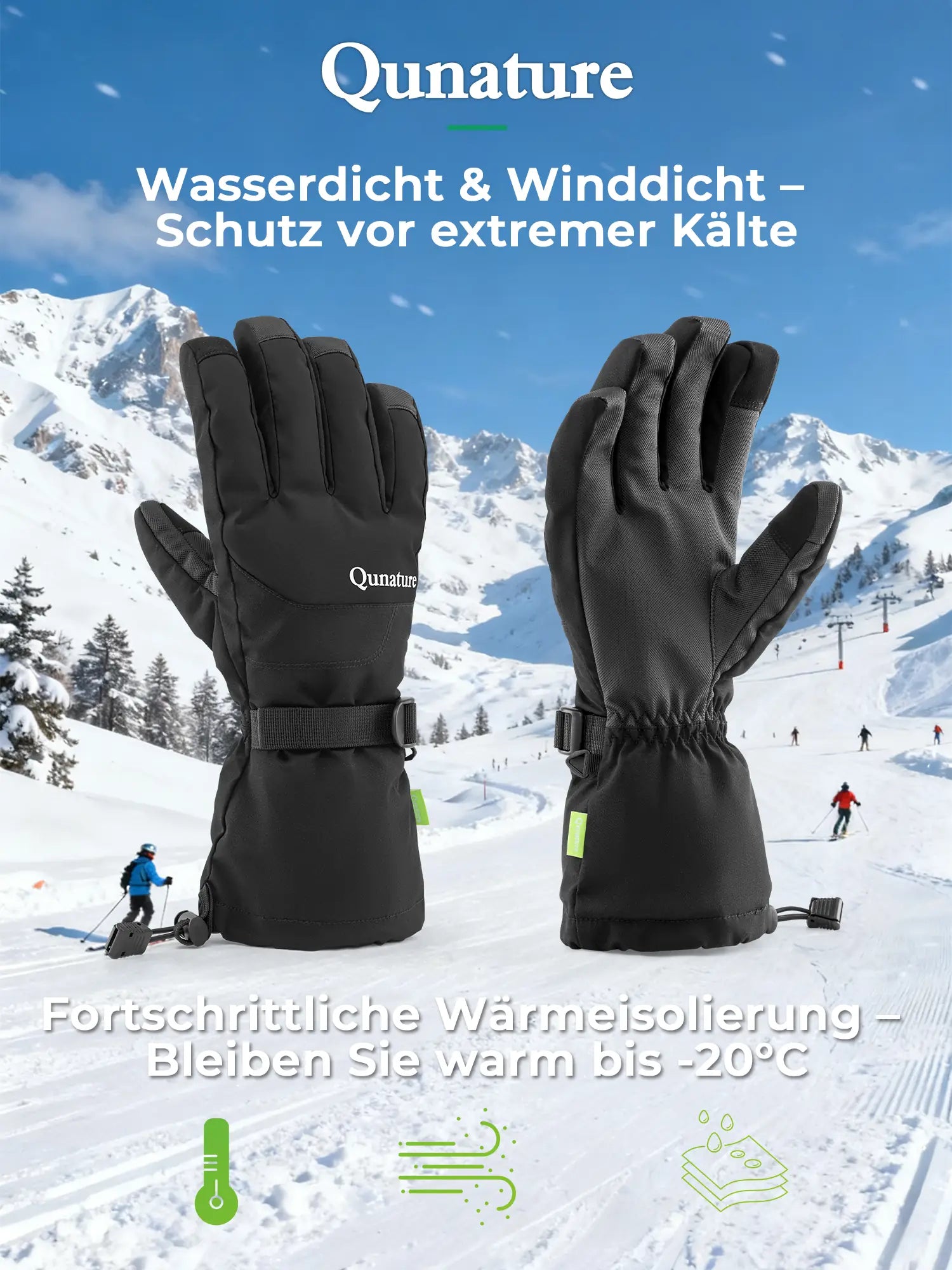 schwarze skihandschuhe im schnee mit isolierung bis -20°c