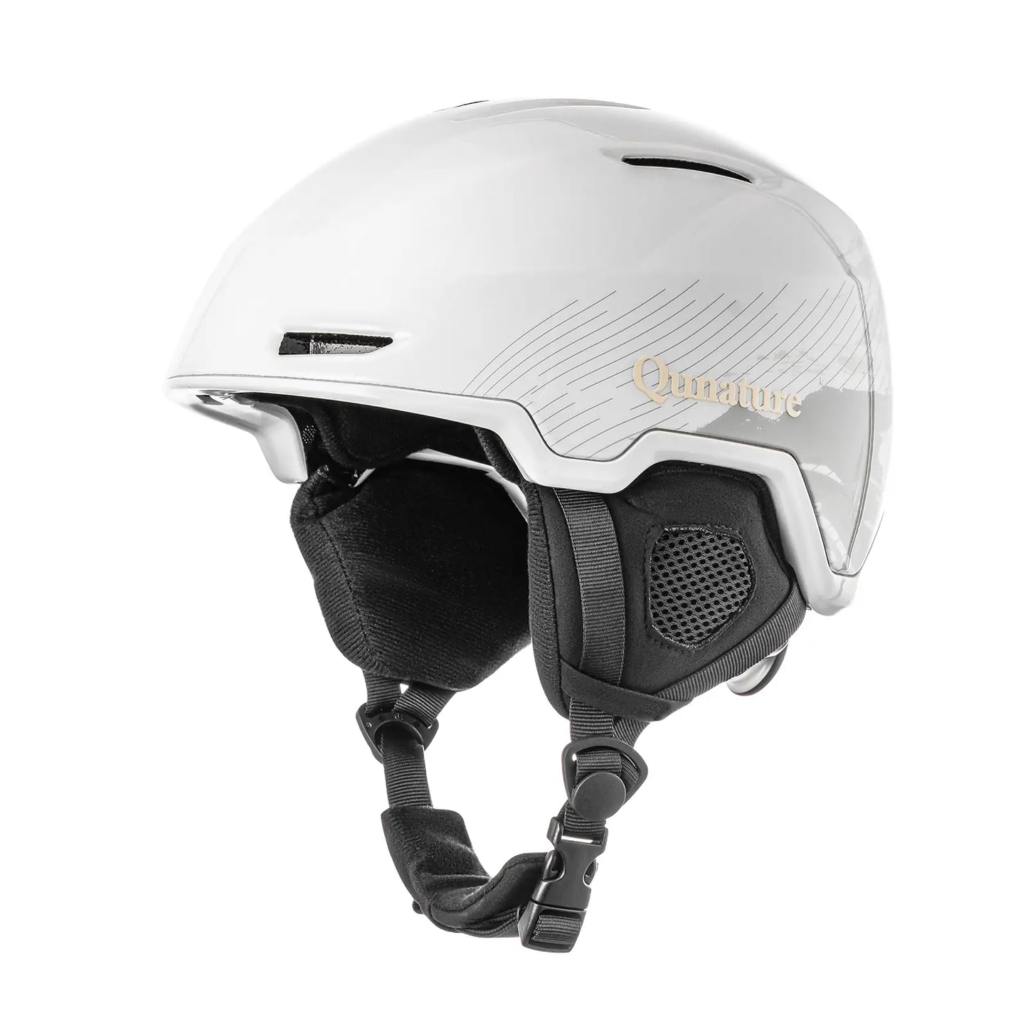 weisser skihelm mit markenlogo seitansicht