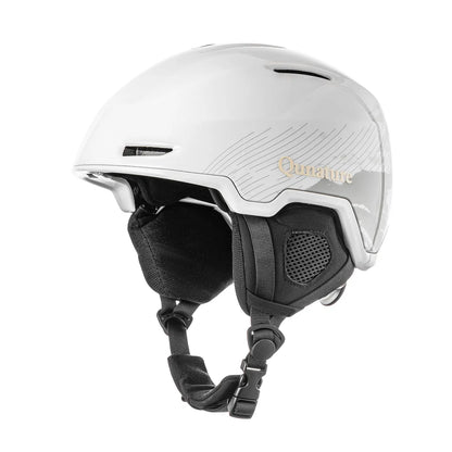 weisser skihelm mit markenlogo seitansicht