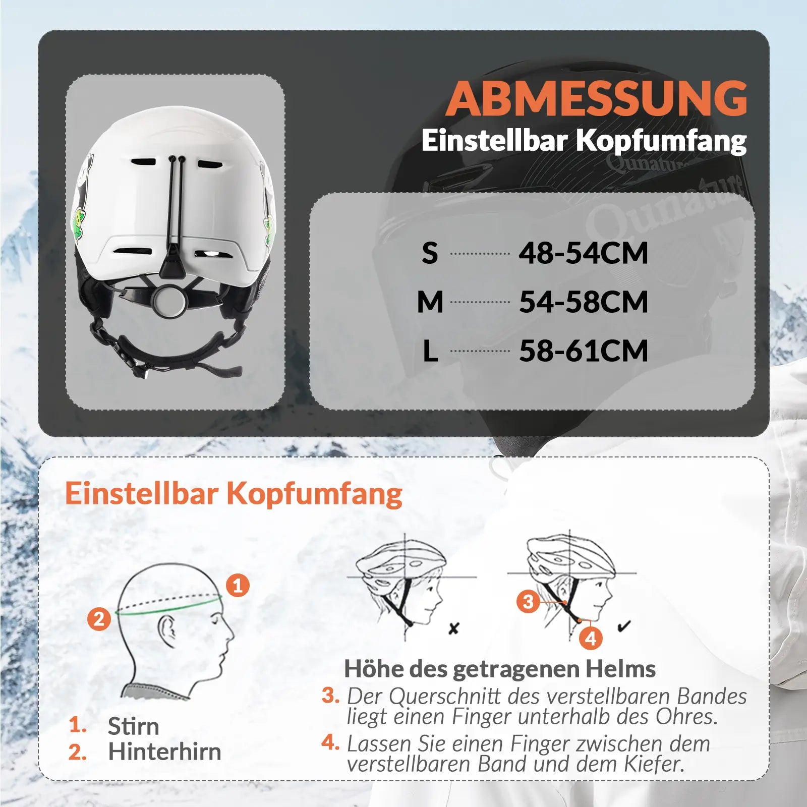 skihelm weiss mit pandamotiv und größenangabe zum kopfumfang