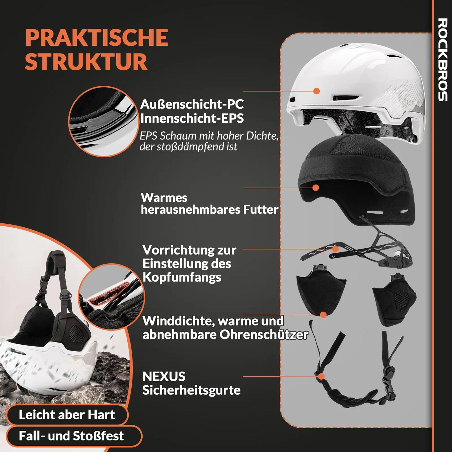 praktischer strukturaufbau des weissen skihelms
