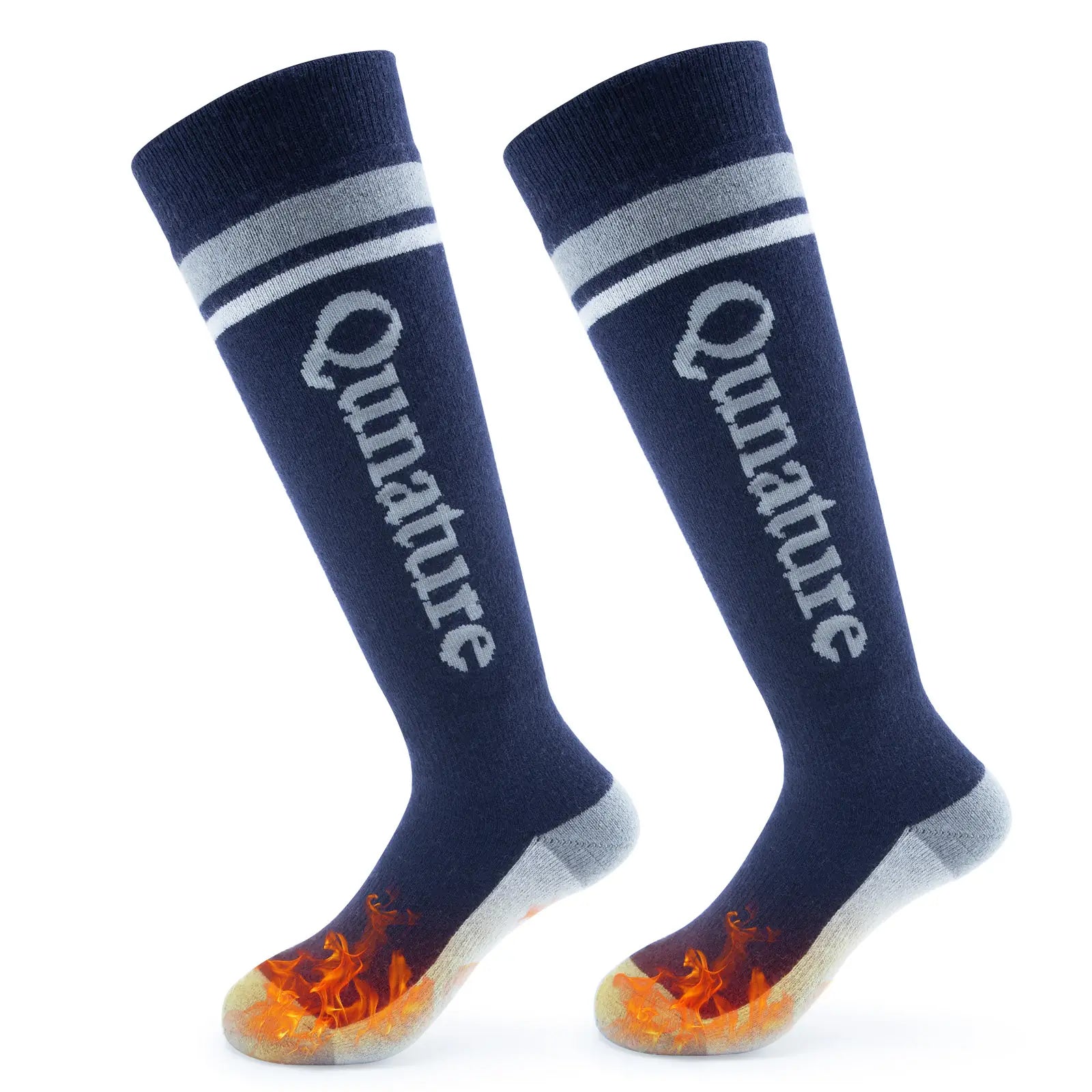 dunkelblaue lange wintersocken mit hitze-symbol am zehenende