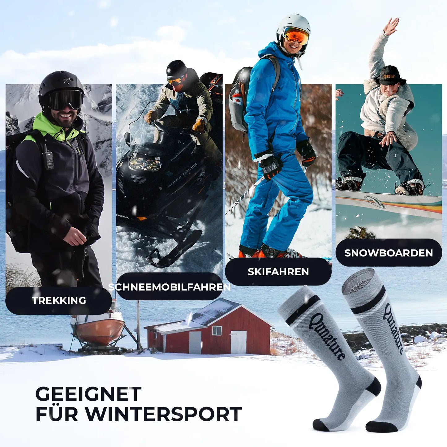 collage mit trekking schneemobil ski snowboard und graue thermoskocken für kaltwetter