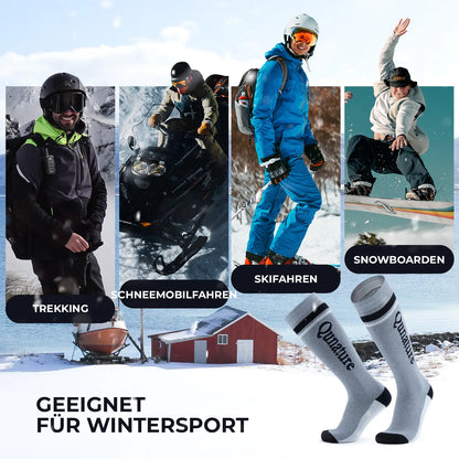 collage mit trekking schneemobil ski snowboard und graue thermoskocken für kaltwetter