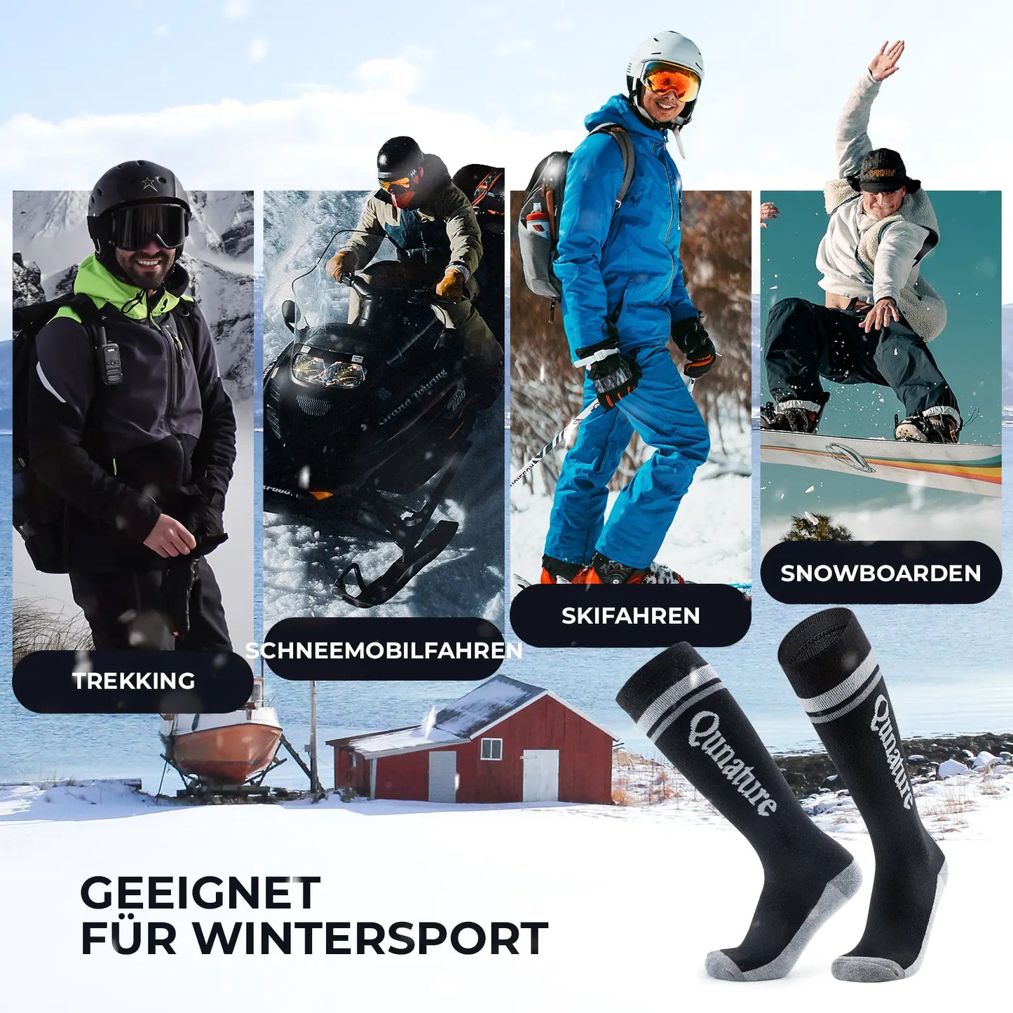 vier wintersportarten abgebildet mit schwarzen langen skisocken auf schnee-hintergrund