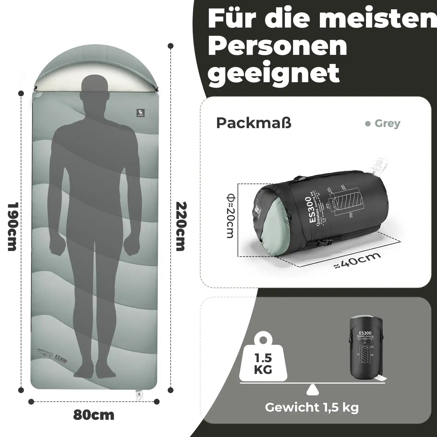 Grey schlafsack maße 220x80 cm, packmaß 40x20 cm, 1,5 kg leicht