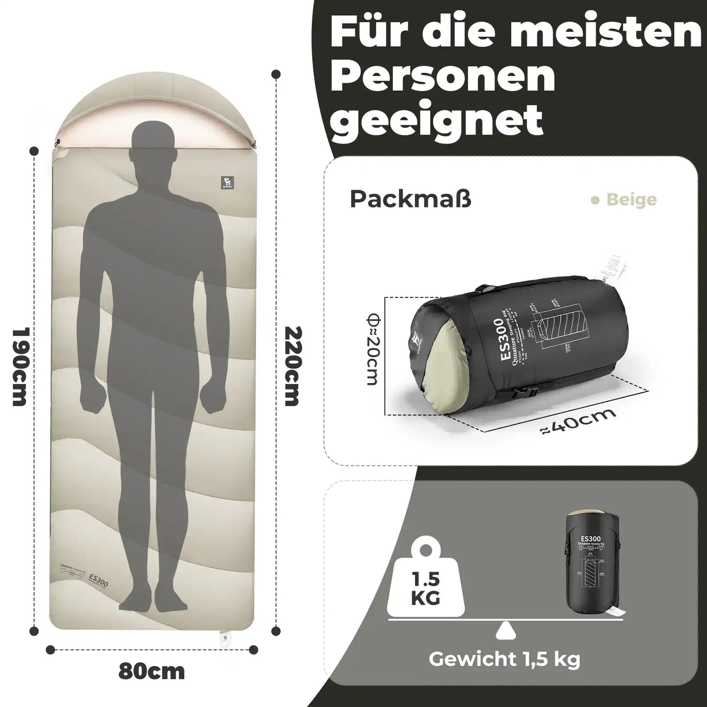 schlafsack maße 220x80 cm, packmaß 40x20 cm, 1,5 kg leicht