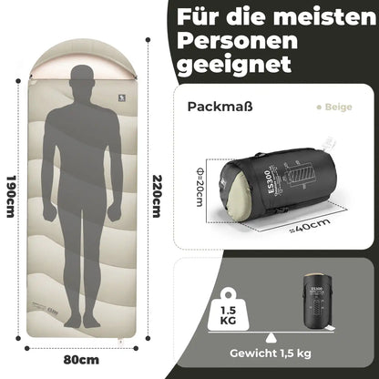 schlafsack maße 220x80 cm, packmaß 40x20 cm, 1,5 kg leicht