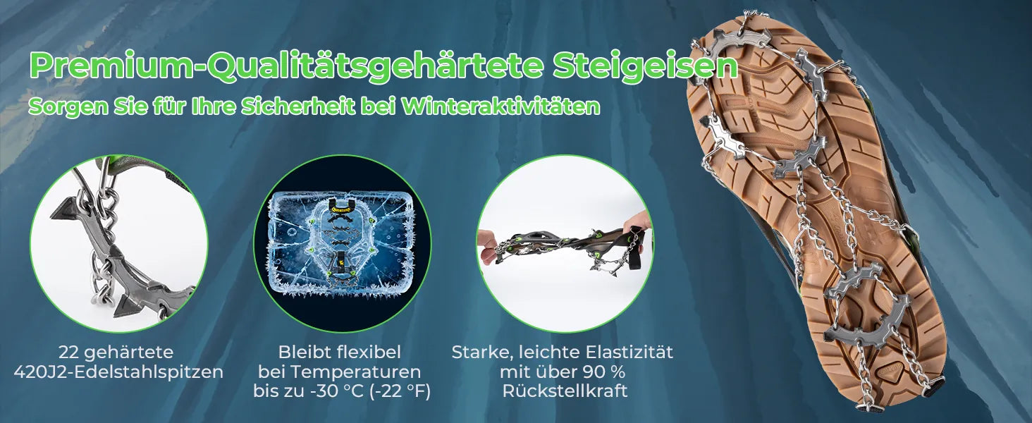 größenübersicht für steigeisen passend für niedrige, mittlere und bergsteigstiefel