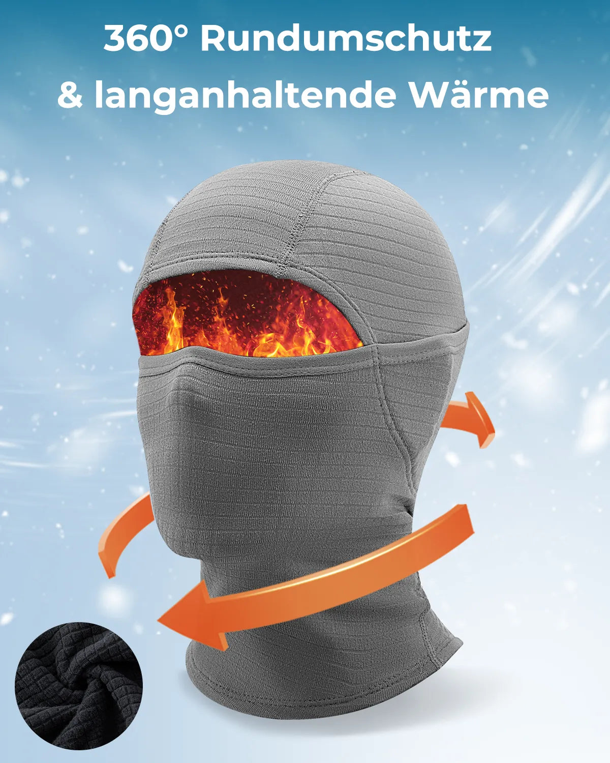 graue sturmhaube mit grafiken zur veranschaulichung von rundumschutz und langanhaltender waerme.