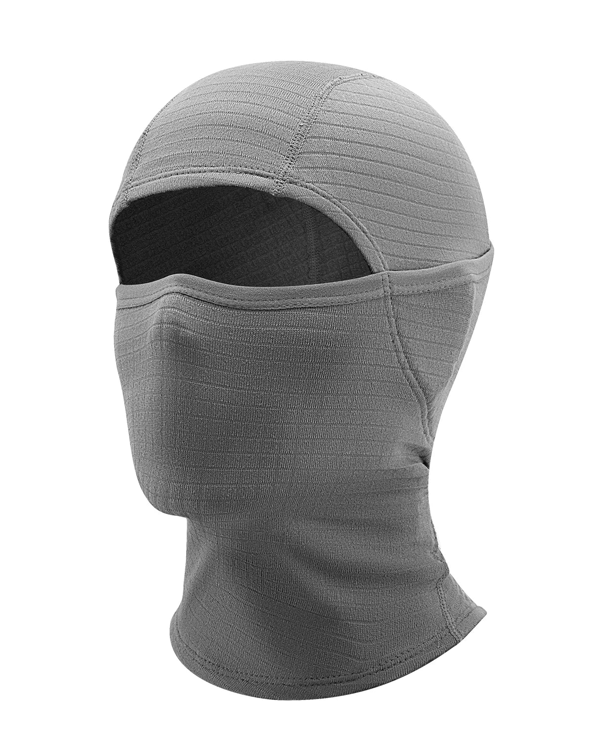 eine hellgraue balaclava mit feiner textur und ergonomischem schnitt.