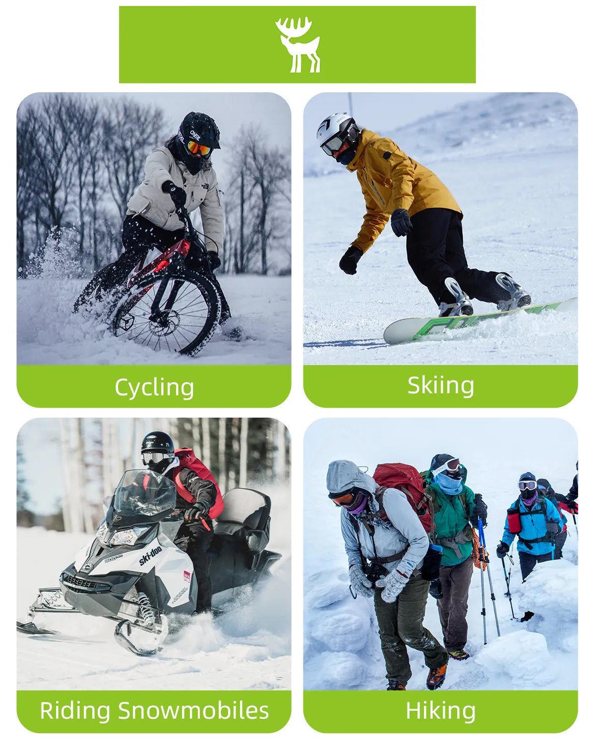 collage verschiedener outdoor-aktivitaeten wie skifahren und radfahren mit sturmhaube.