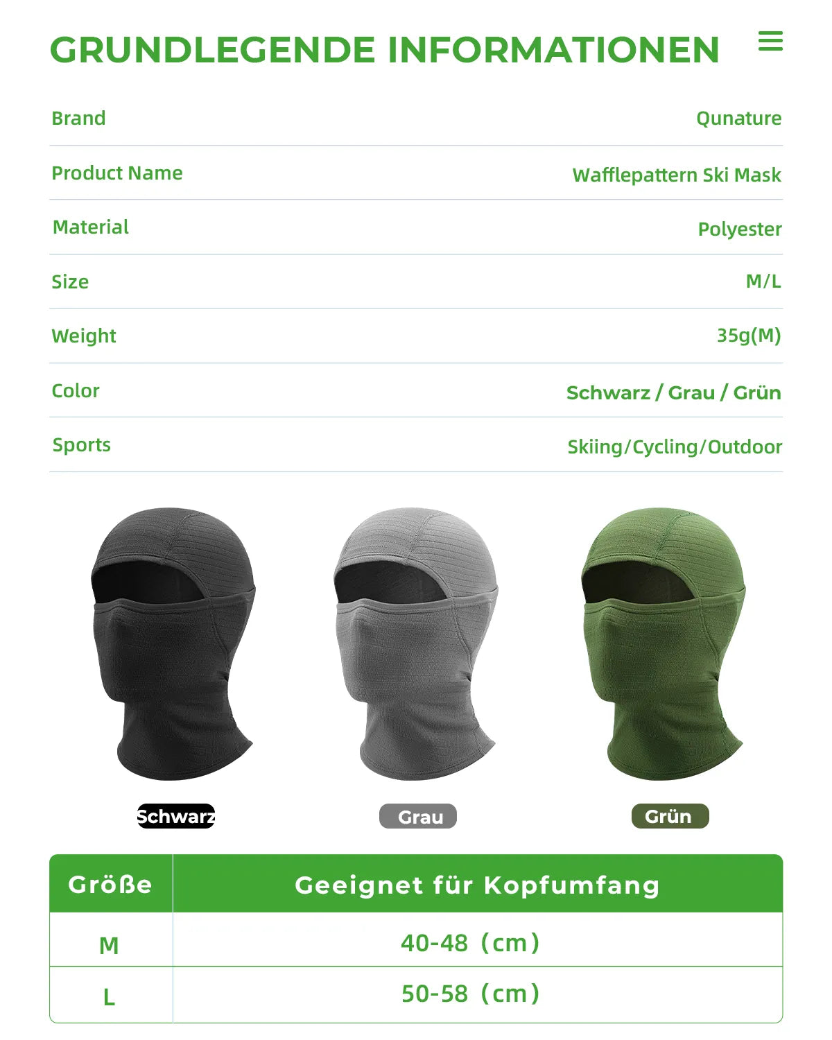 tabelle mit produktinformationen und groessentabelle fuer die verschiedenen farben.