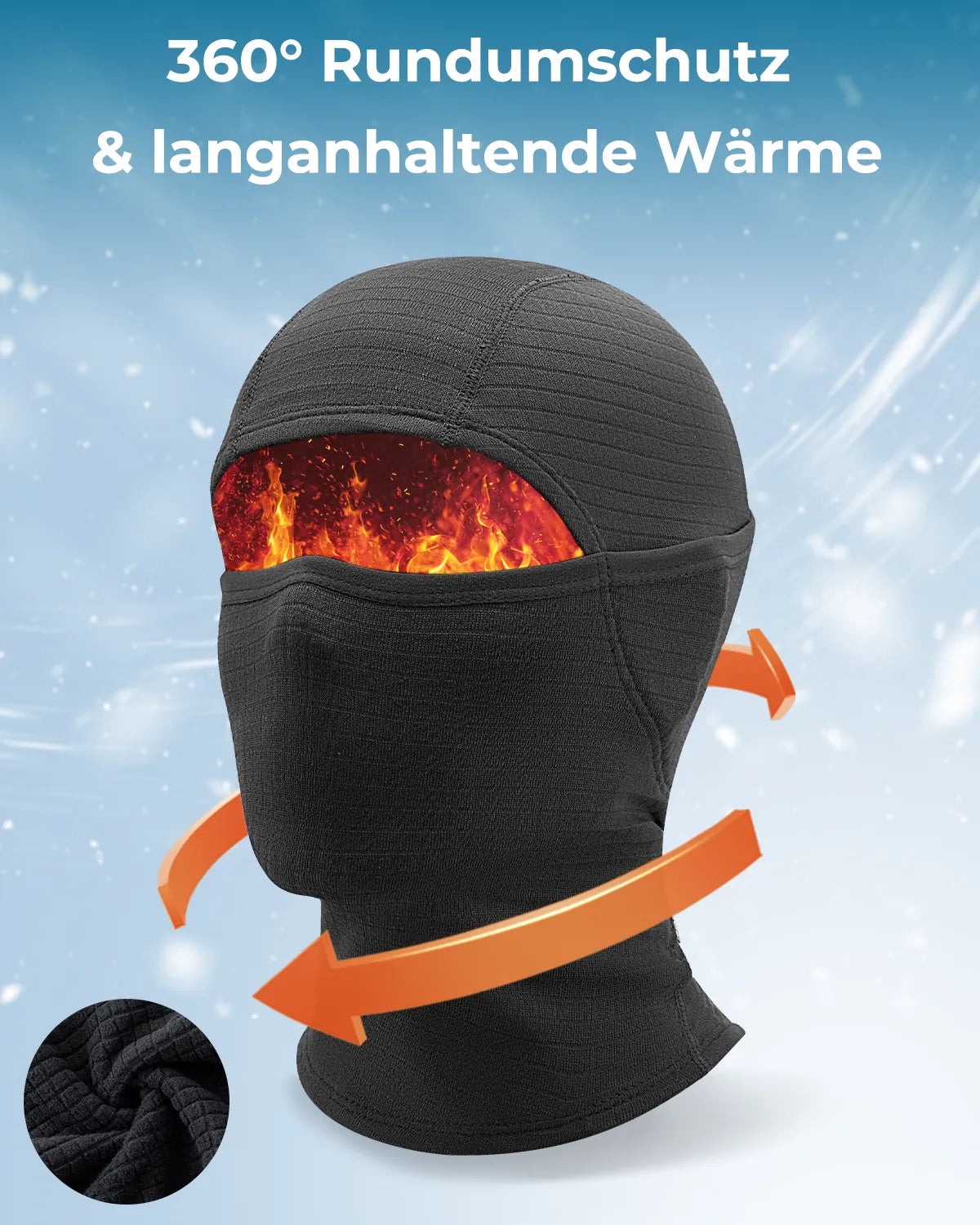schwarze balaclava mit waermesymbolen und detailaufnahme des weichen innenfutters.