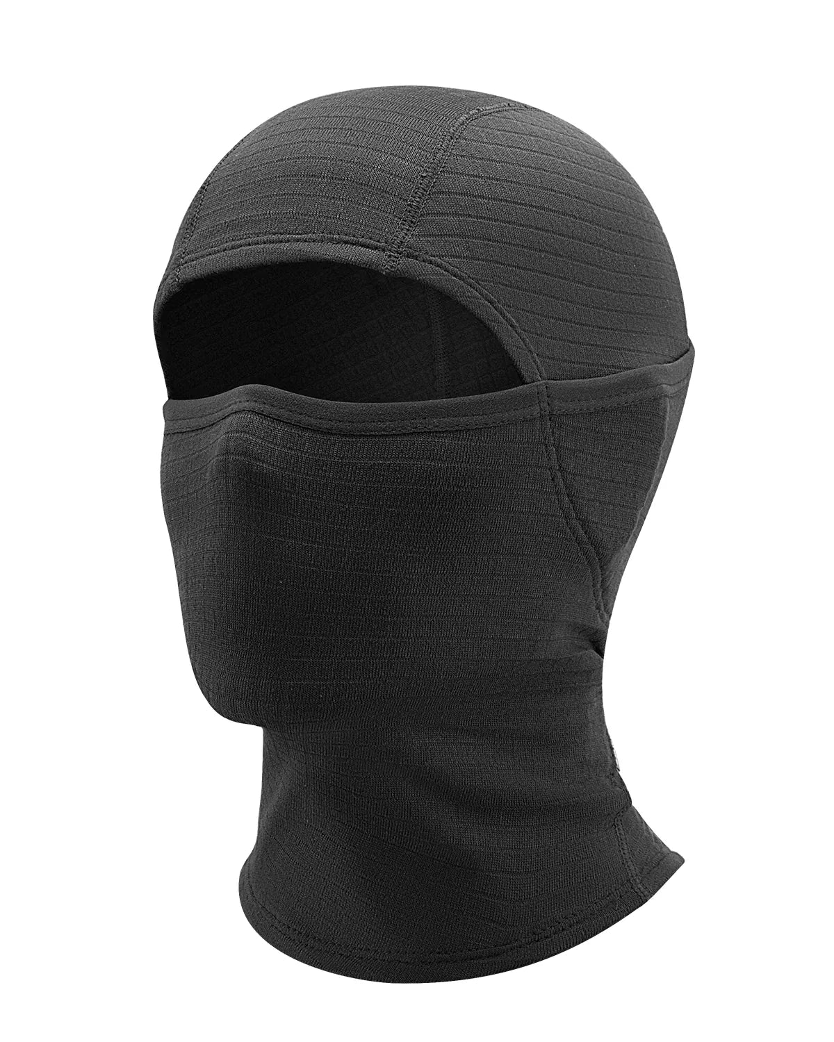 eine schwarze sturmhaube aus funktionsstoff fuer wintersport oder outdoor-aktivitaeten.