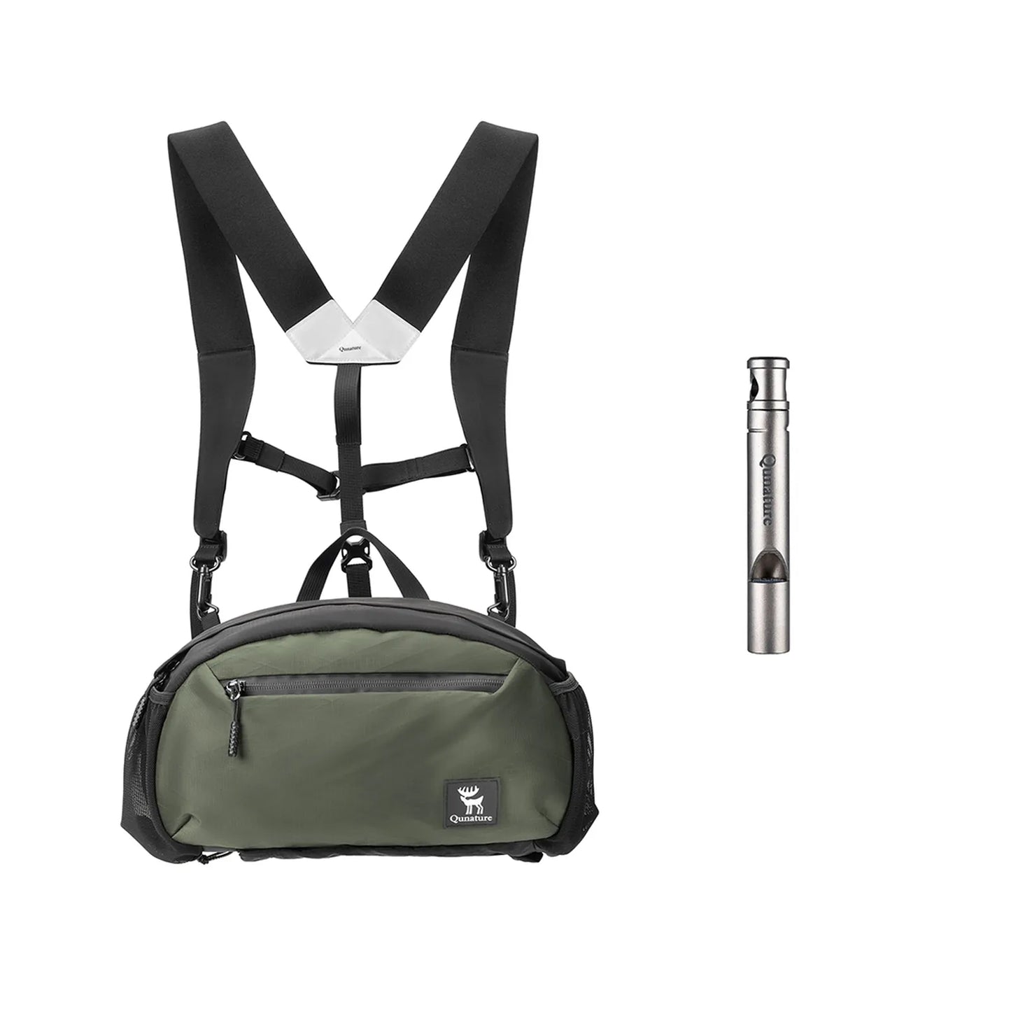 grüne outdoor-tasche mit gurten und pfeife
