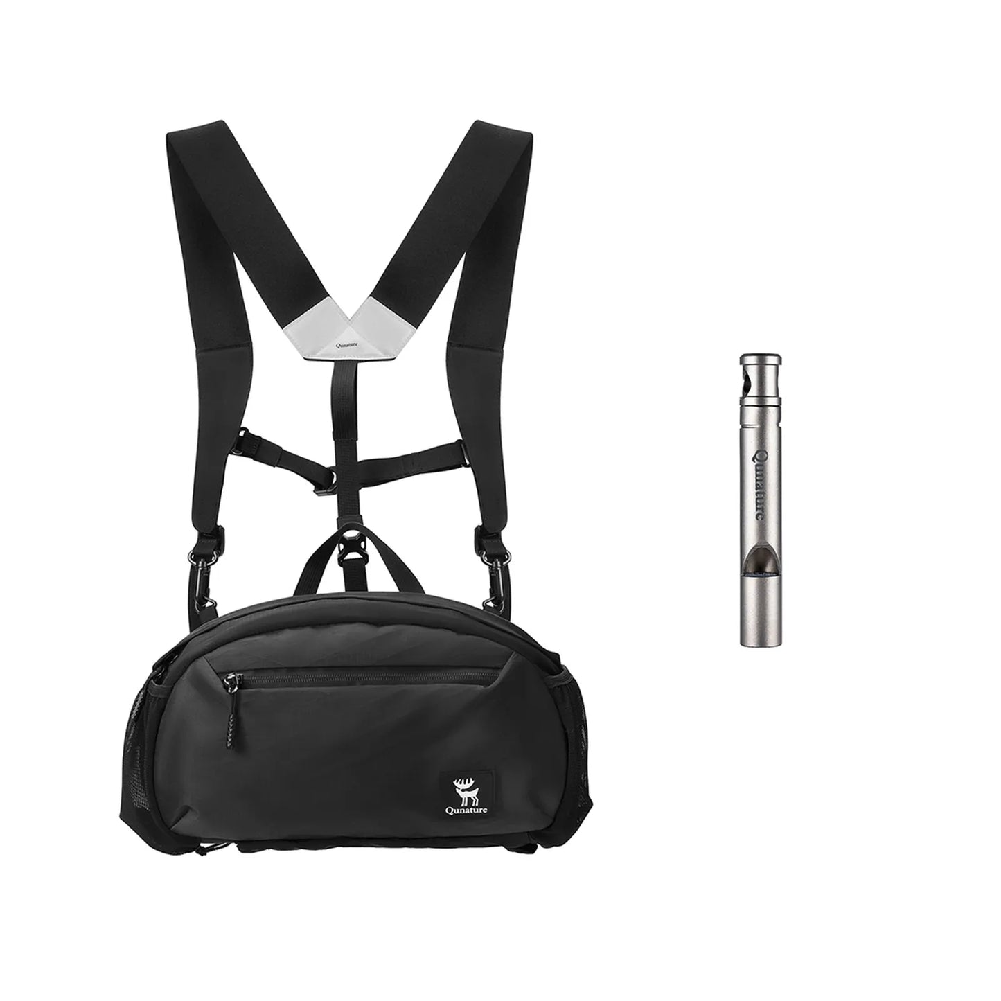 schwarze outdoor-tasche mit gurten und pfeife