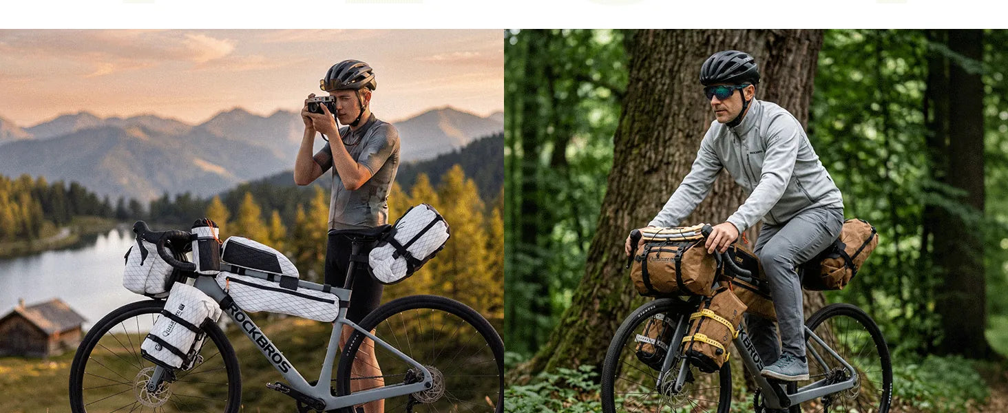 bikepacking taschen set in weiß und braun montiert auf einem gravelbike in den bergen