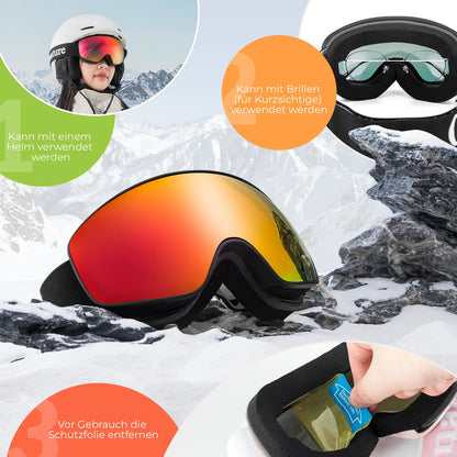schwarze skibrille mit helm und brille kompatibel