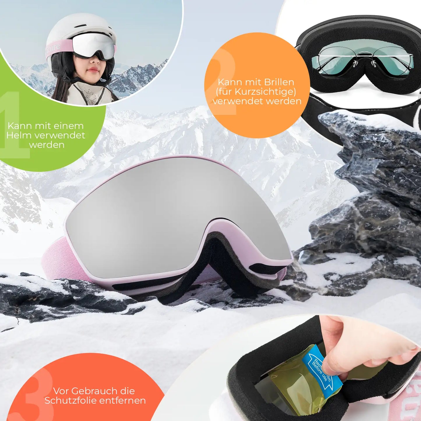 rosa skibrille mit helm und brille kompatibel