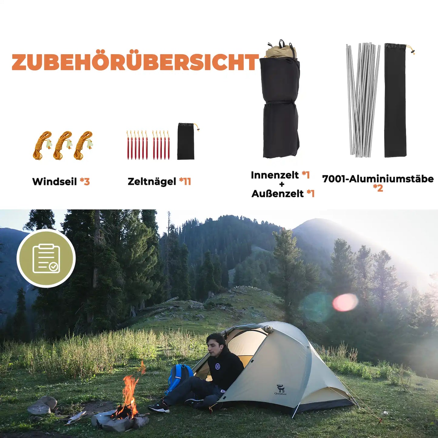 qunature zelt zubehörübersicht mit heringen, stangen und abspannseilen