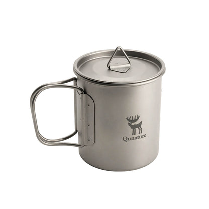 titan camping cup with lid and foldable handle, studio shot on white background