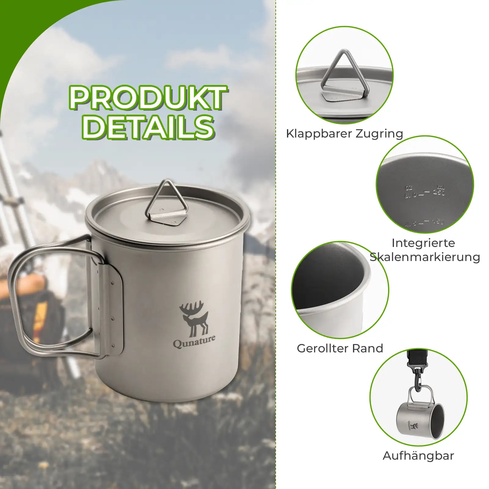 product details of titanium camping cup: foldable pull ring, scale marks, rolled edge and hanging feature