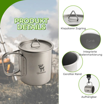 product details of titanium camping cup: foldable pull ring, scale marks, rolled edge and hanging feature