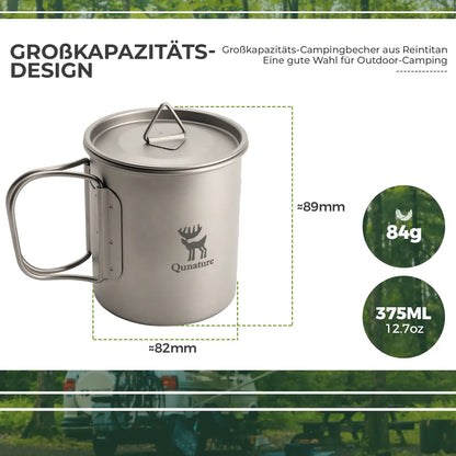 product specifications of titanium camping cup: 375ml capacity, 84g weight, dimensions shown
