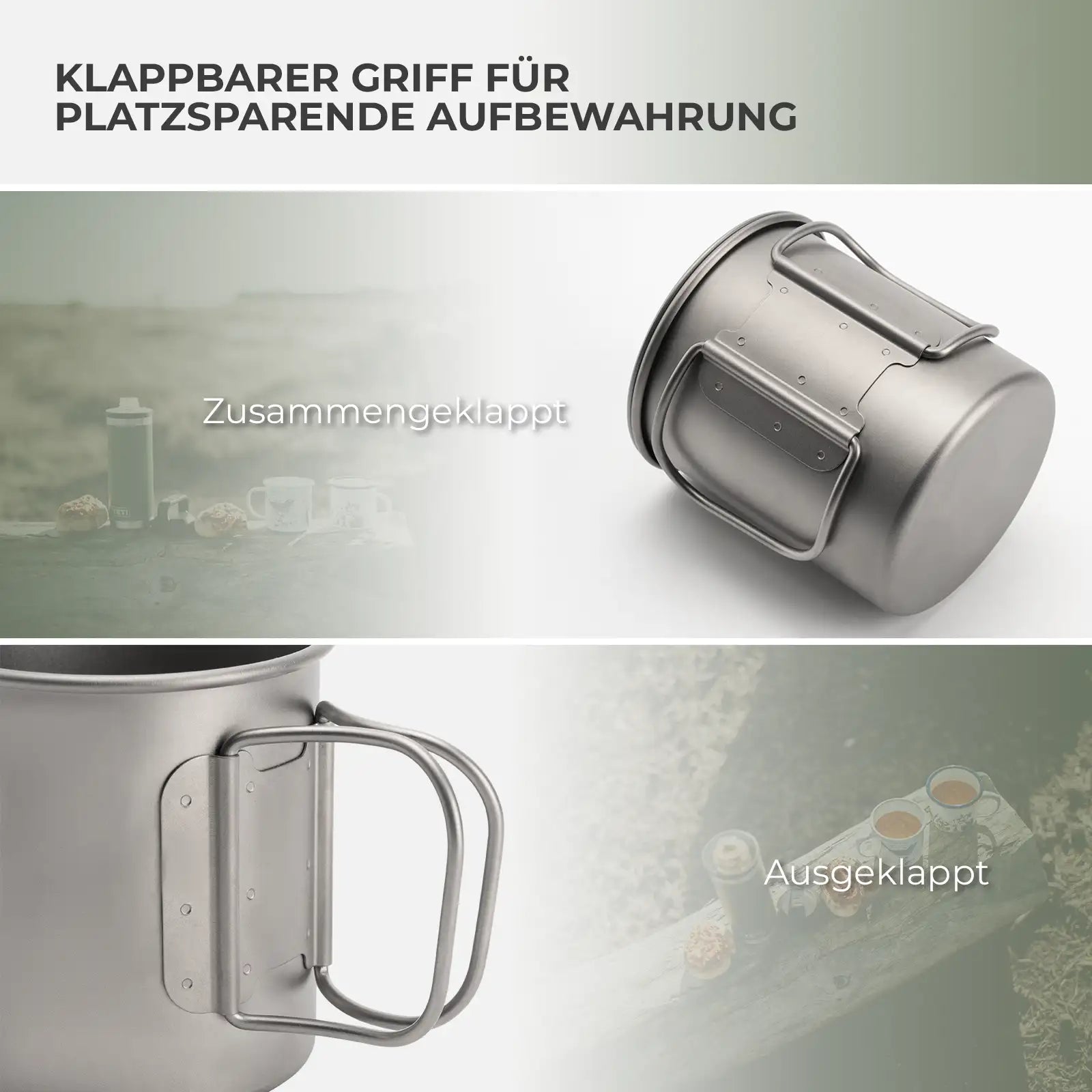 foldable handle of titanium camping cup shown in collapsed and expanded states for compact storage