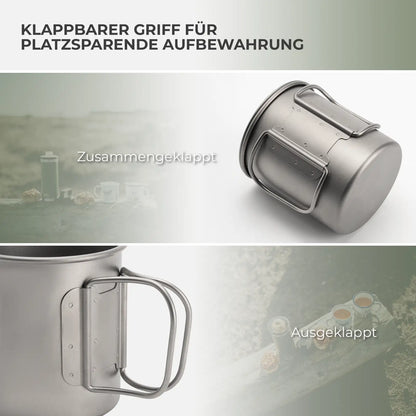 foldable handle of titanium camping cup shown in collapsed and expanded states for compact storage