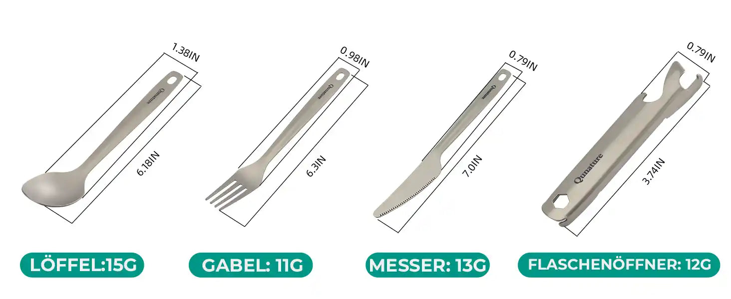 titan-besteck einzelteile mit angaben zu masse und gewicht, loeffel, gabel, messer und oeffner