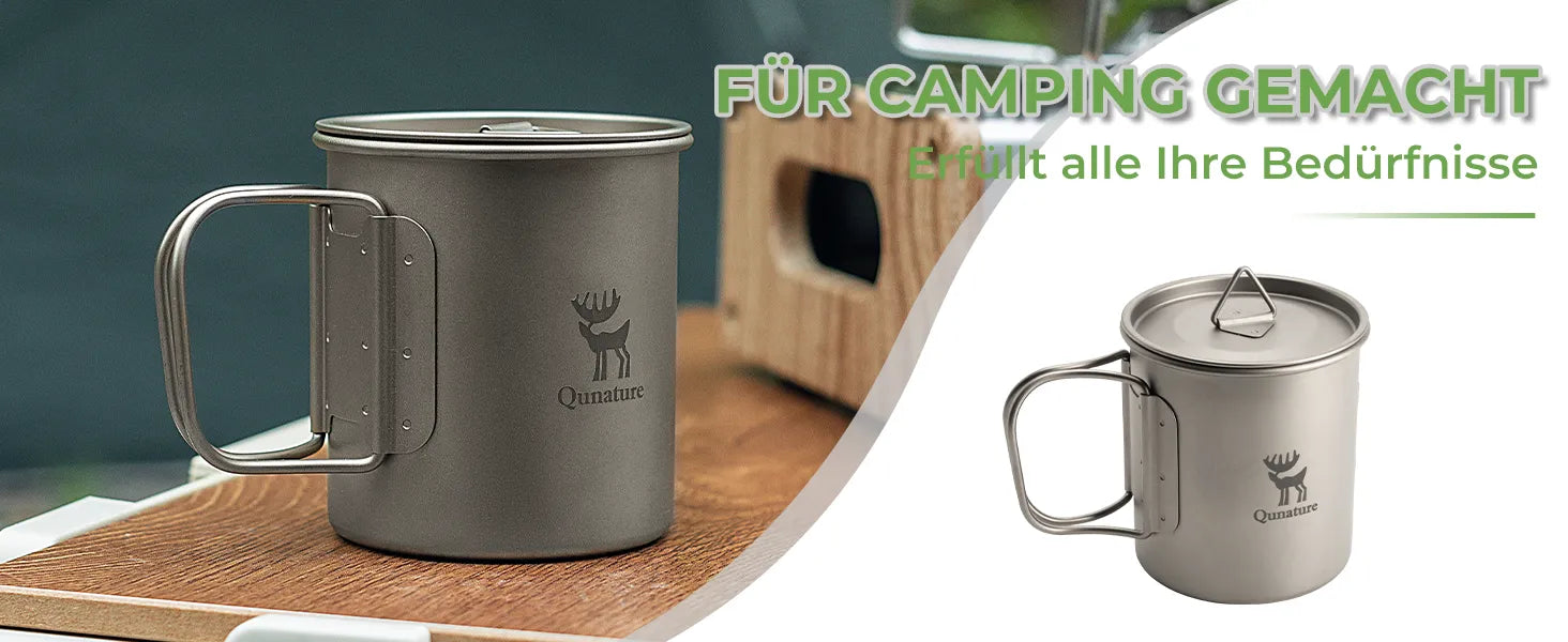titan campingbecher mit klappgriff und deckel, text "für camping gemacht" im hintergrund