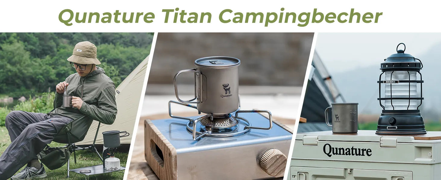 titan campingbecher in gebrauch, auf kocher erhitzt und von camper gehalten