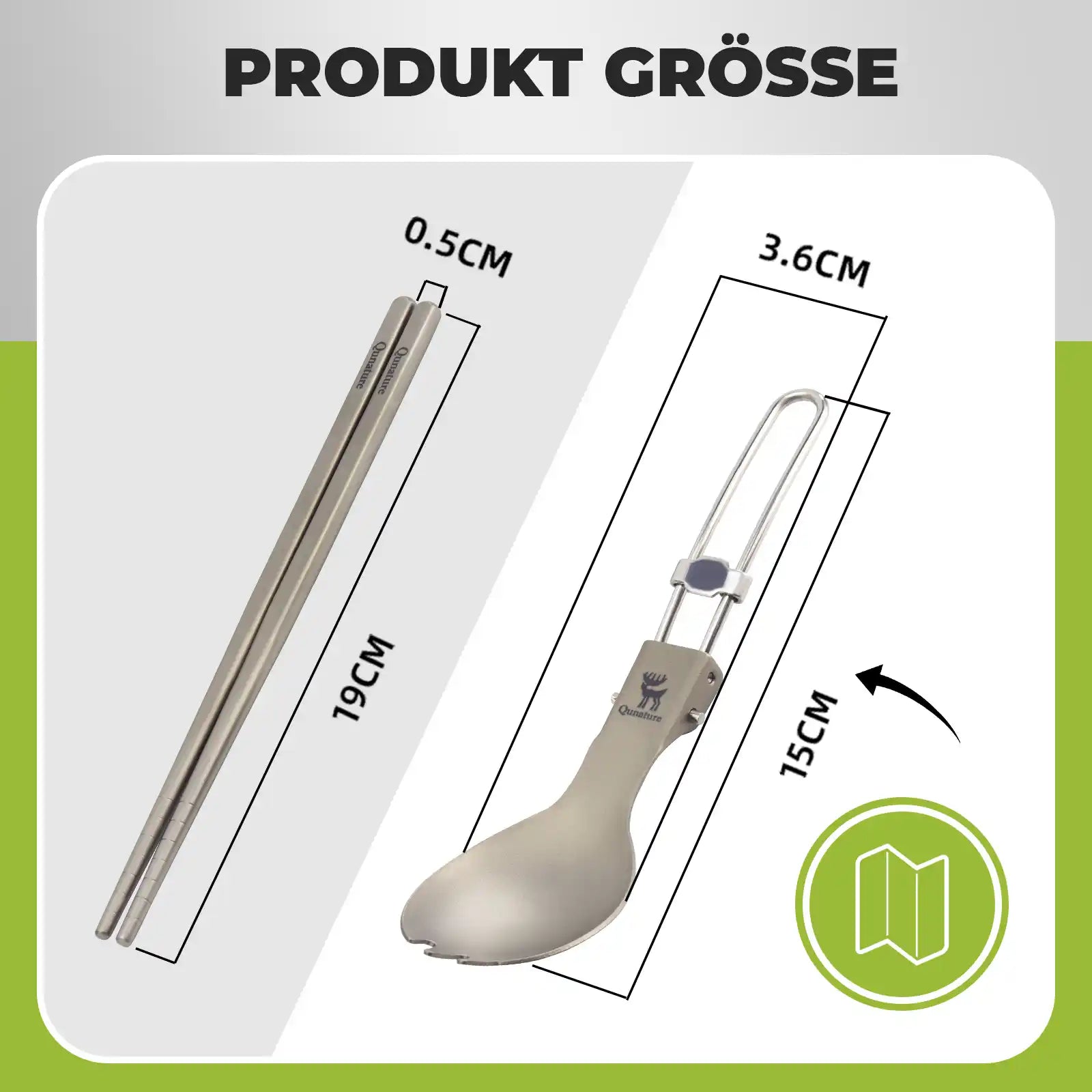 produktgröße von qunature titan-besteck: essstäbchen 19cm, spork 15cm