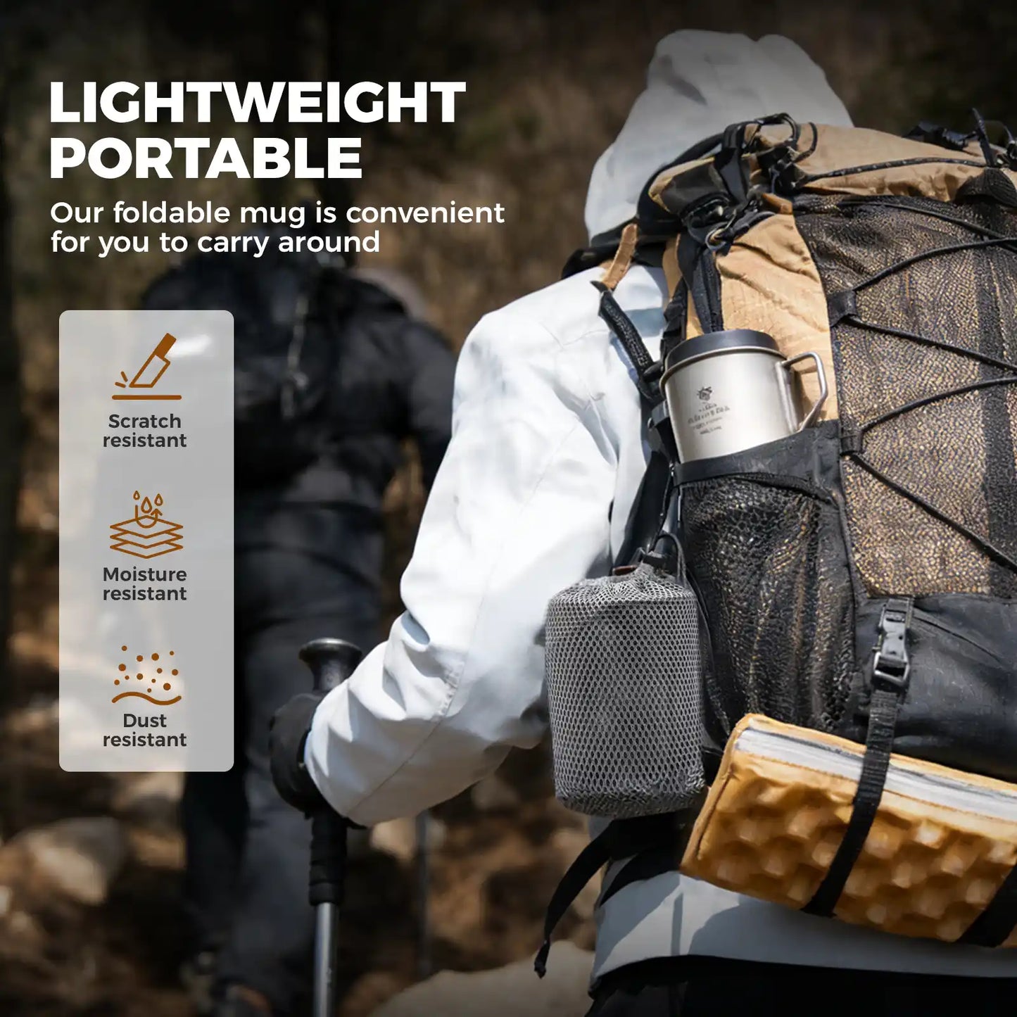titanium mug attached to hiking backpack, showing scratch, moisture and dust resistant features