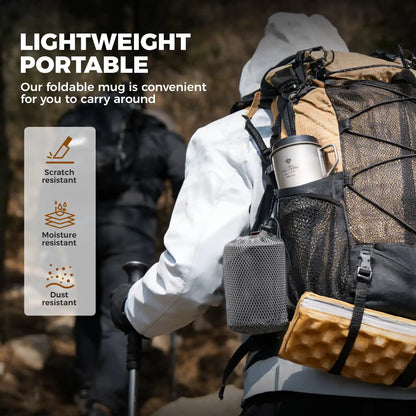 titanium mug attached to hiking backpack, showing scratch, moisture and dust resistant features