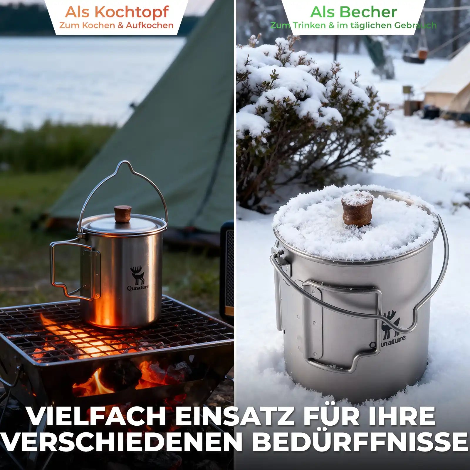 titanium mug used as cooking pot over fire and as drinking cup in snow