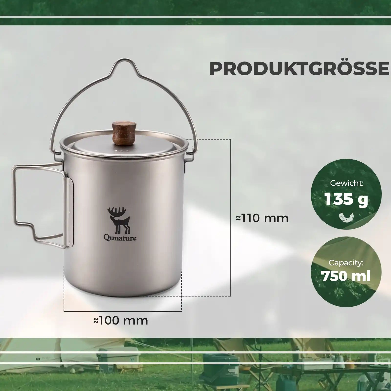 titanium mug product size: 135g weight, 750ml capacity, 100x110mm dimensions