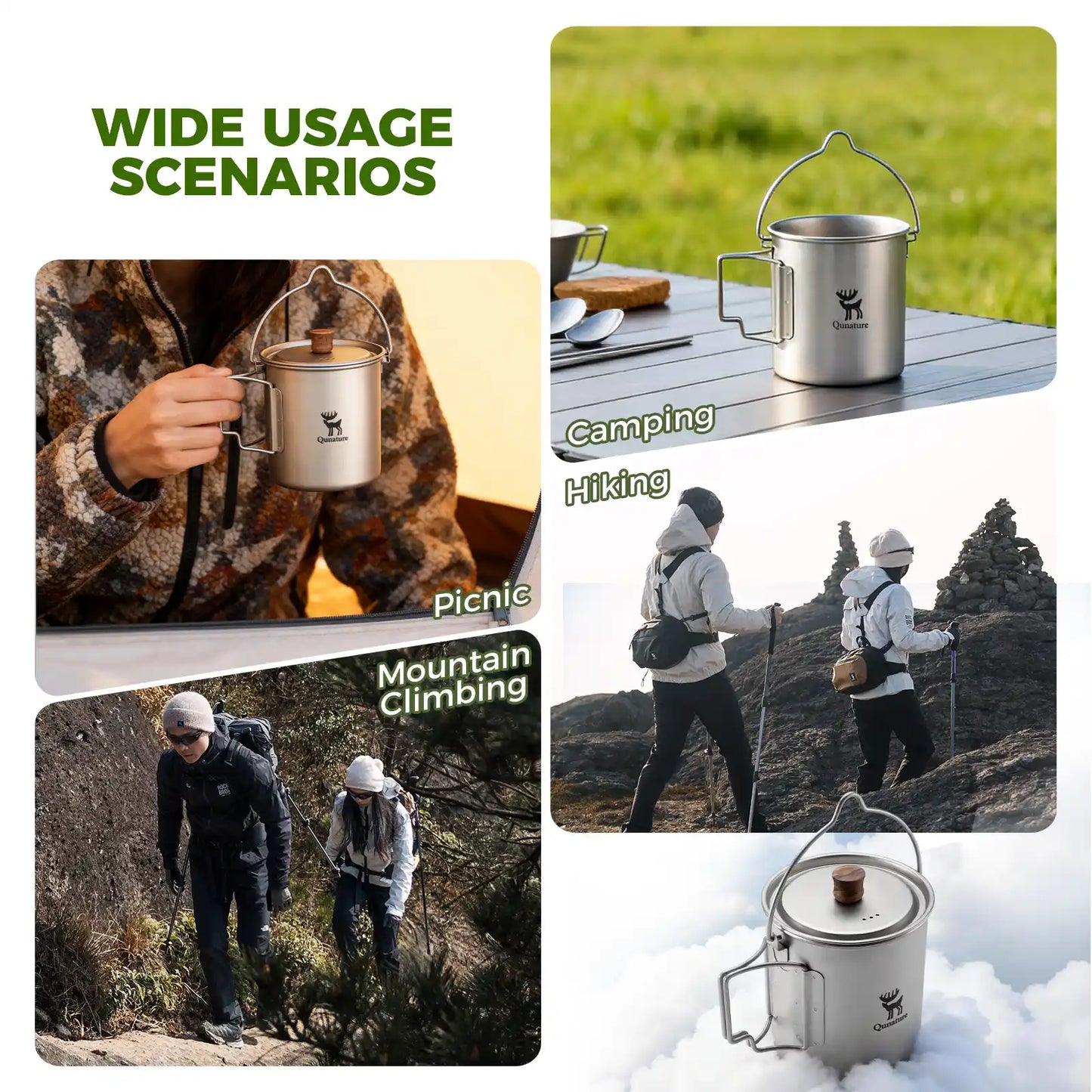 titanium mug used in picnic, camping, hiking and mountain climbing scenarios