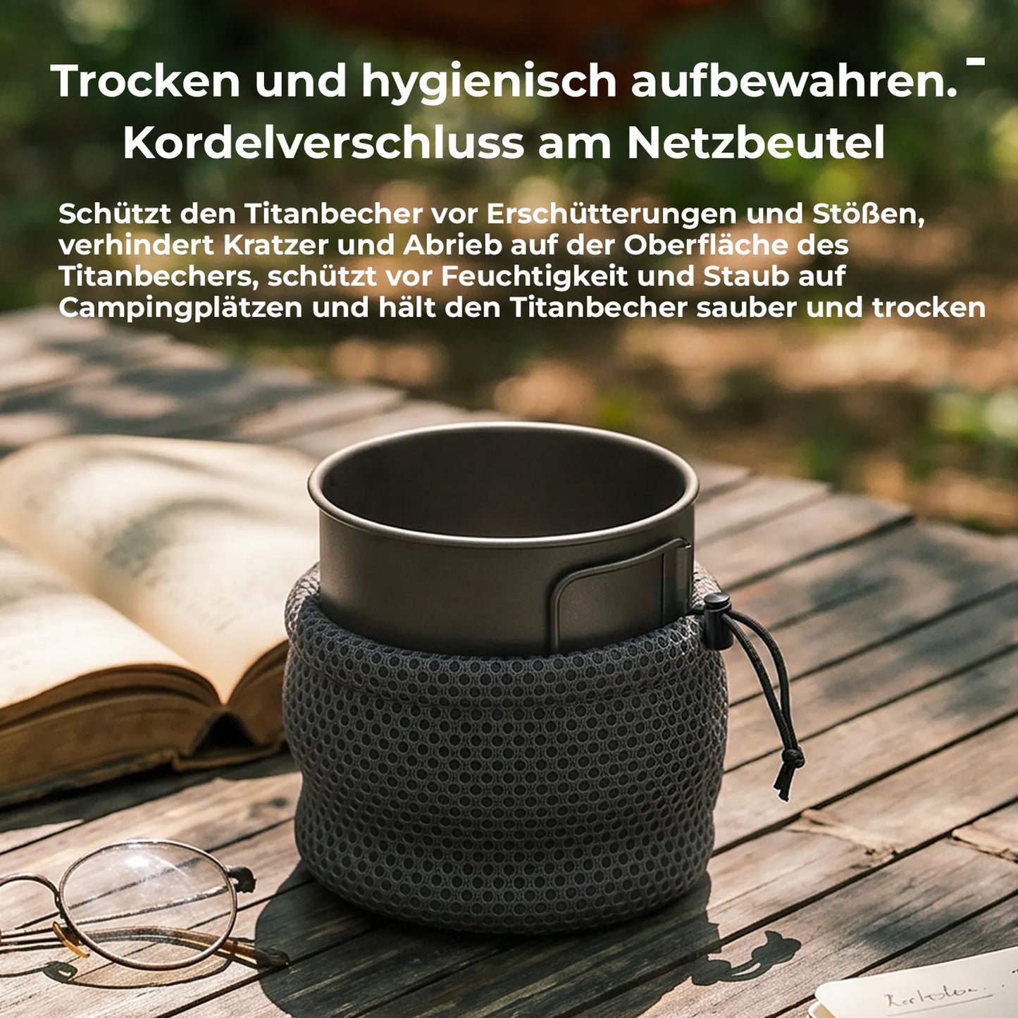 titanbecher verstaut in zugbändertasche aus atmungsaktivem netzstoff