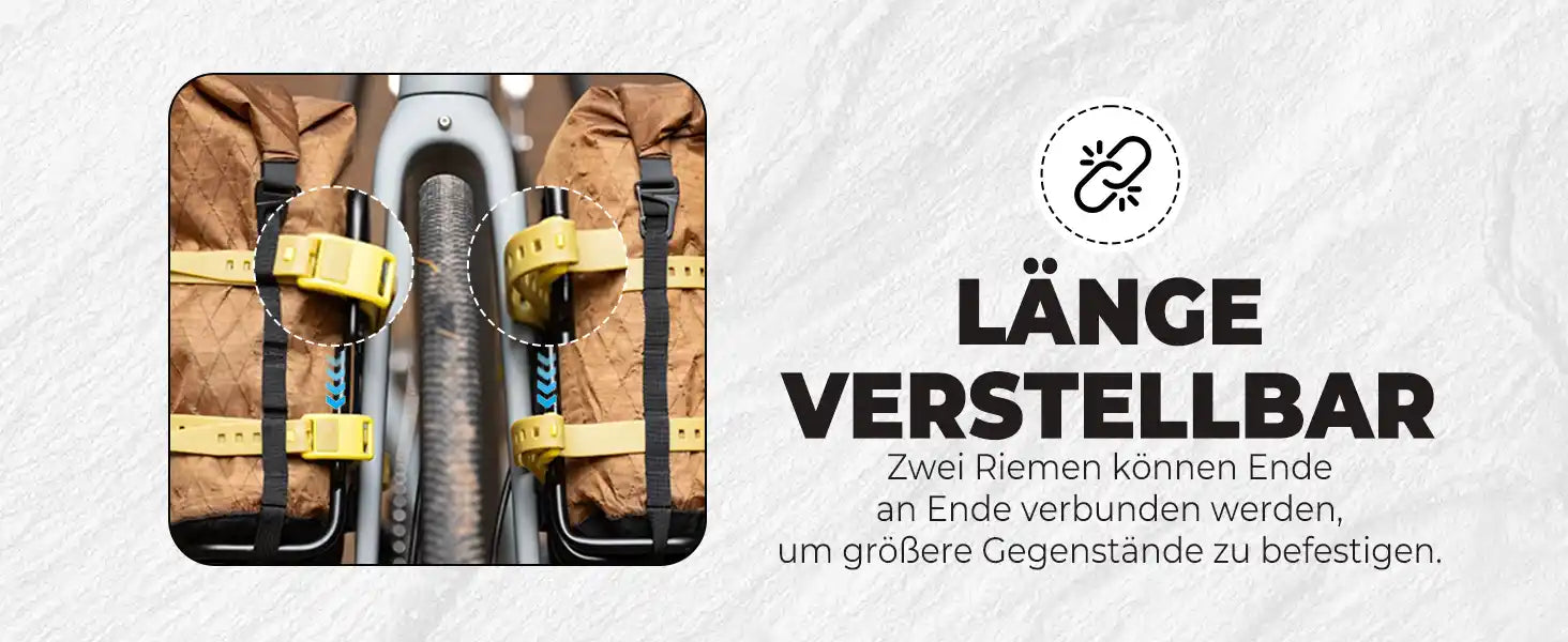 verstellbarer fahrradriemen im einsatz, zwei riemen lassen sich verbinden für längere länge